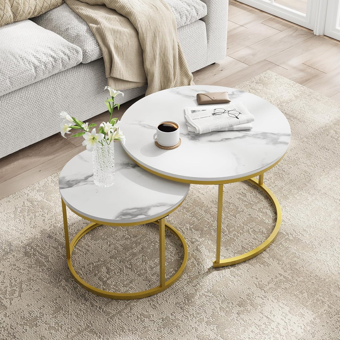 Semiocthome Modern Round Nesting Coffee Table Set,End Table Metal Frame for Living Room