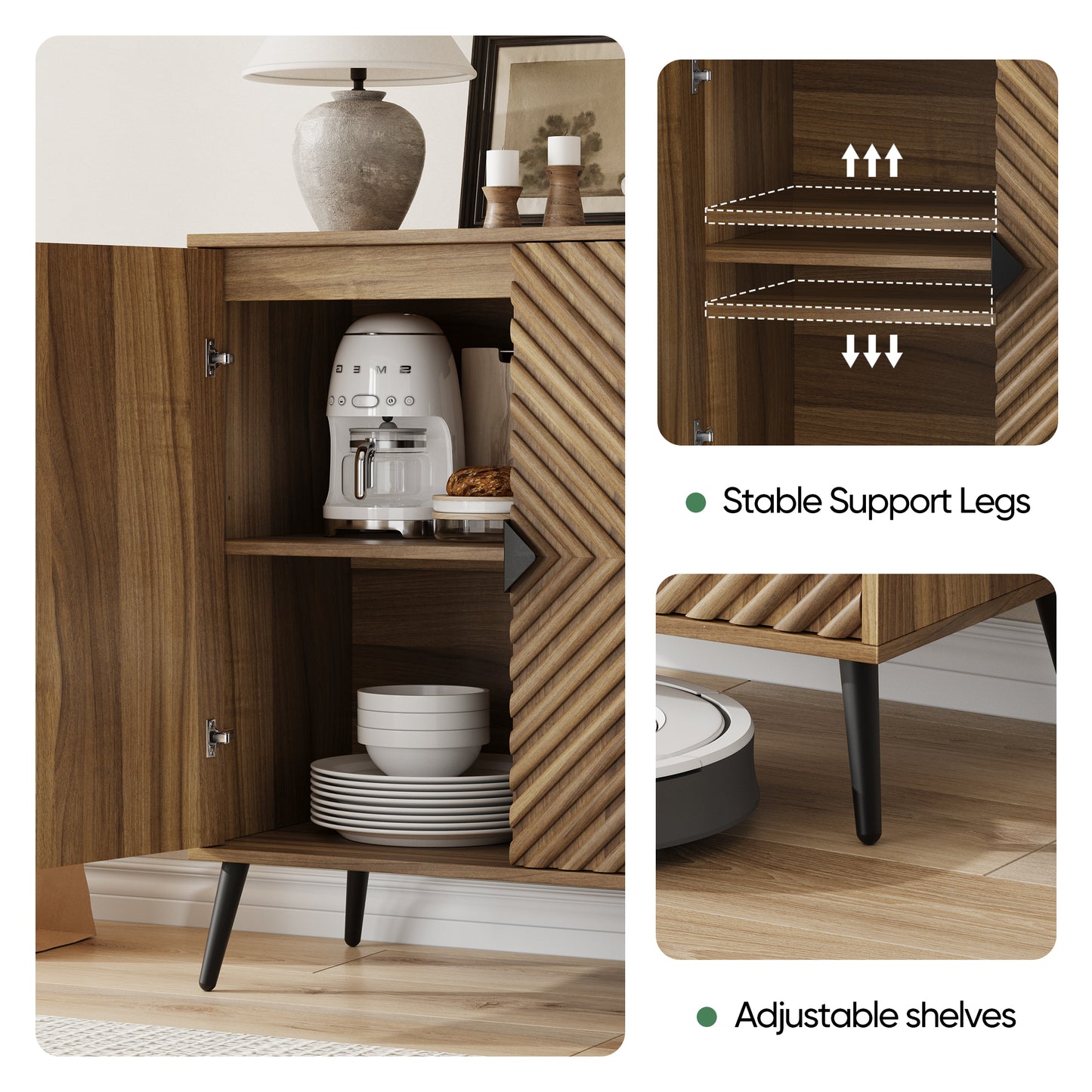 Algherohein Sideboard Cabinet with Two Doors Adjustable Shelves,Freestanding TV Stand,Coffee Bar for Kitchen, Living Room, Walnut