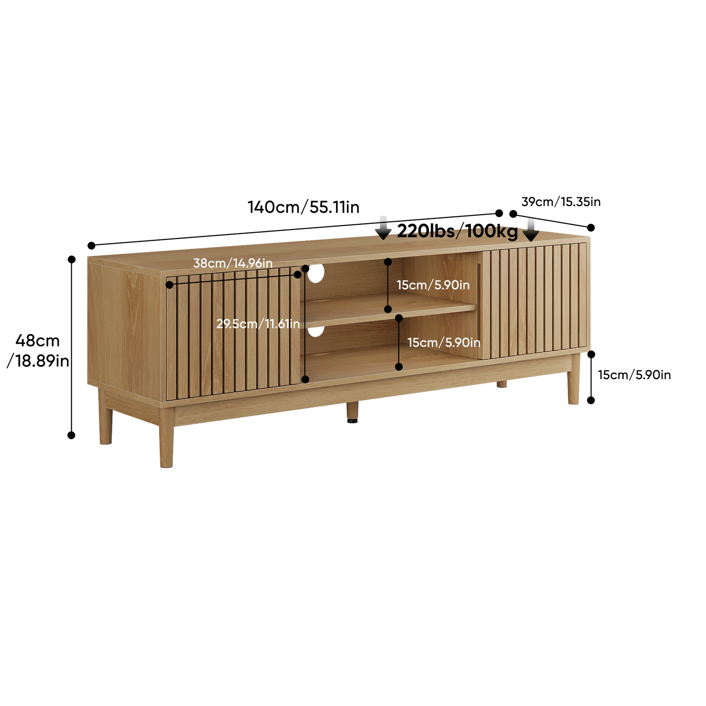 Semiocthome 55" TV Stand with Slatted Doors and Cable Holes, Entertainment Center for Living Room, Natural