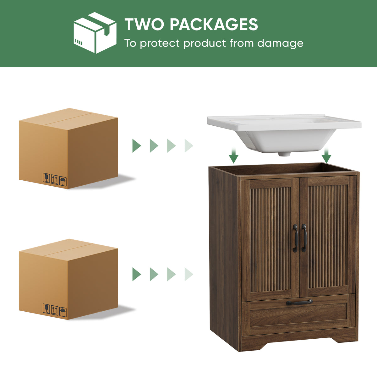 Smuxee 24 Inch Freestanding Bathroom Vanity with Sink, Fluted Cabinet Doors & Storage Drawer, Wood Grain Bathroom Sink Cabinet, Walnut