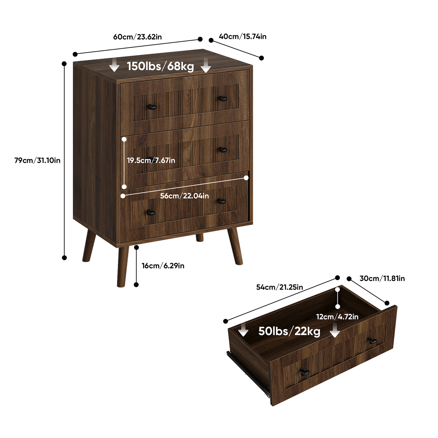 Semiocthome Modern 3 Drawer Dresser, Chest of Drawer for Bedroom,Wood Storage Dresser, Walnut