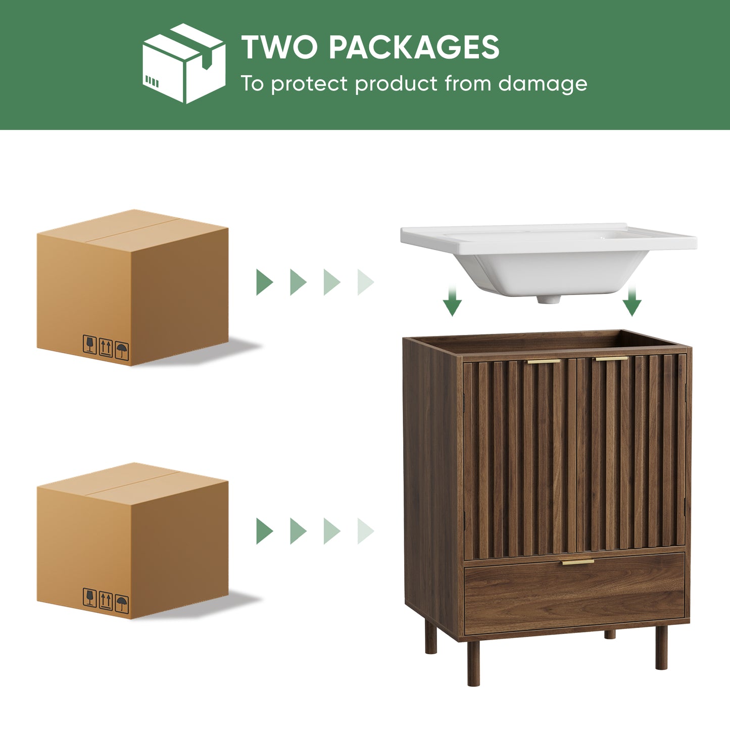 Semiocthome 24" Bathroom Vanity with Ceramic Sink, Storage Cabinet with 1 Drawers and 2 Fluted Doors, Walnut