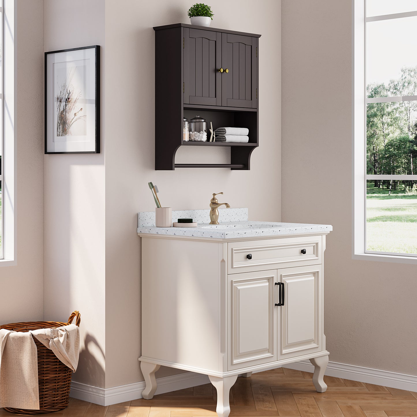 Semiocthome Bathroom Medicine Cabinet Storage Wall Mounted with Towel Bar and 2 Door in Brown