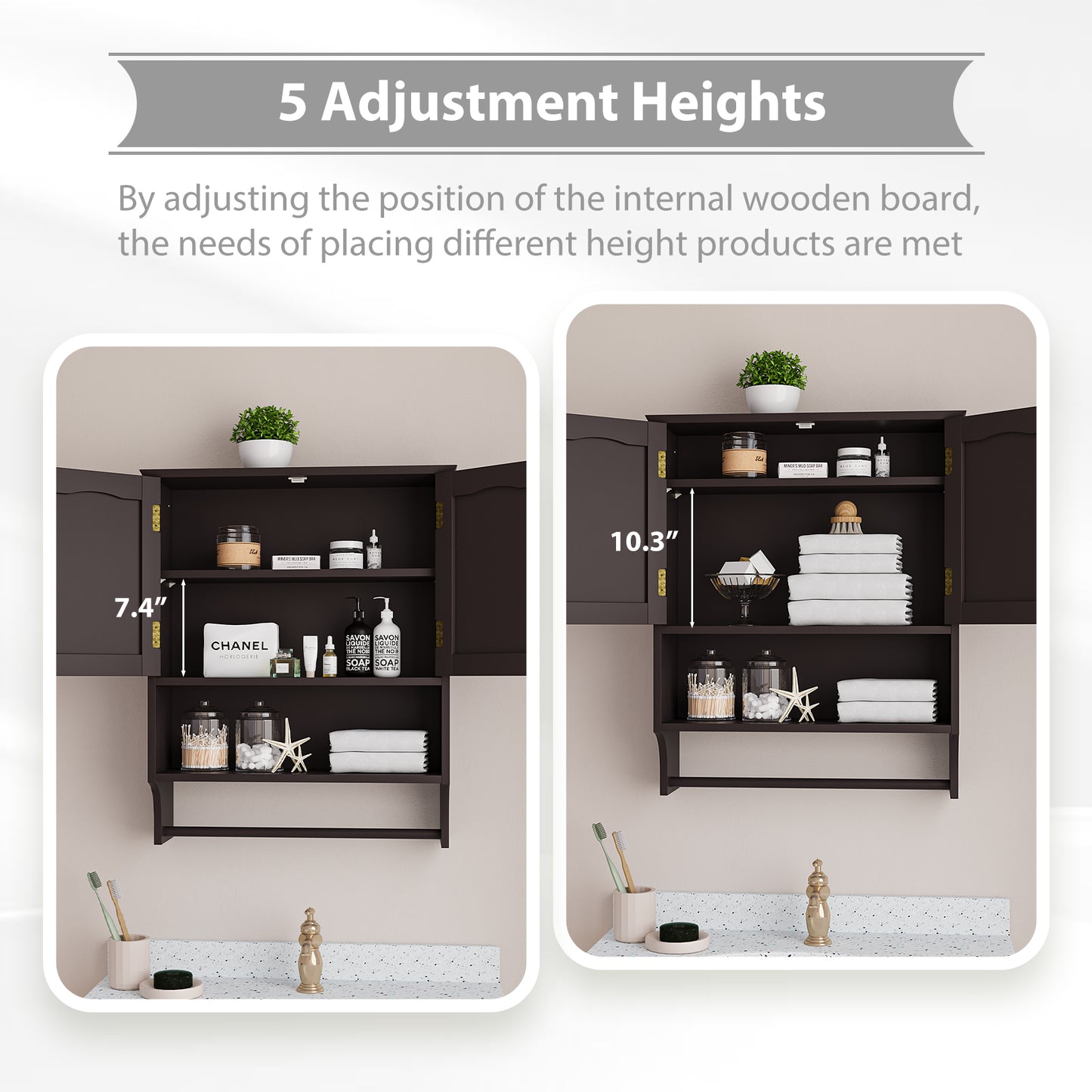 Semiocthome Bathroom Medicine Cabinet Storage Wall Mounted with Towel Bar and 2 Door in Brown