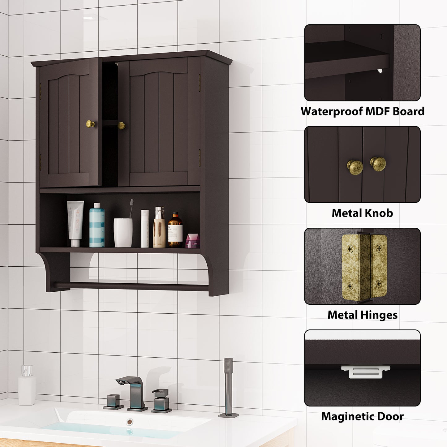 Semiocthome Bathroom Medicine Cabinet Storage Wall Mounted with Towel Bar and 2 Door in Brown