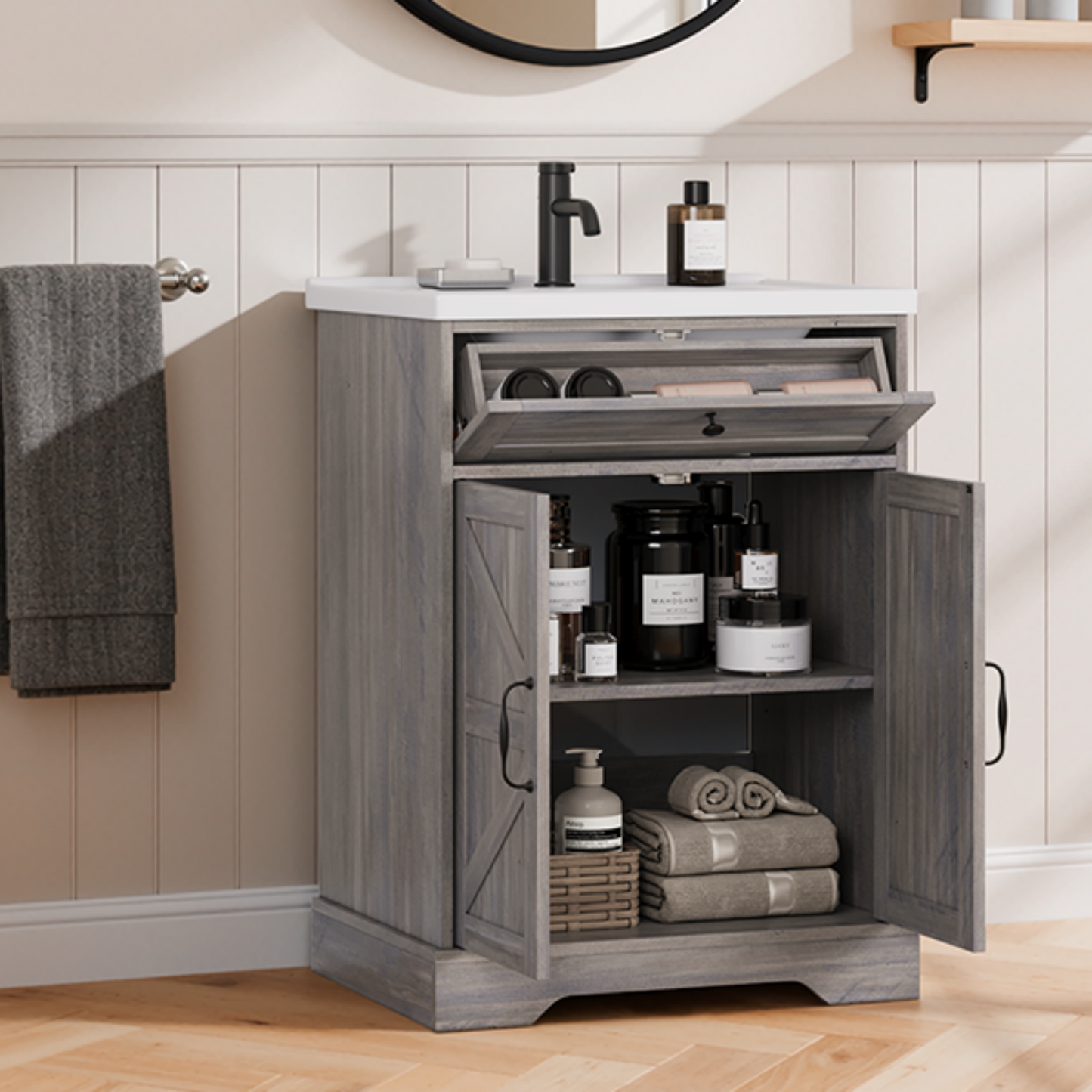 Smuxee Farmhouse Bathroom Vanity with Ceramic Sink Top, Upgrade Bathroom Storage Cabinet with Doors & Drawer