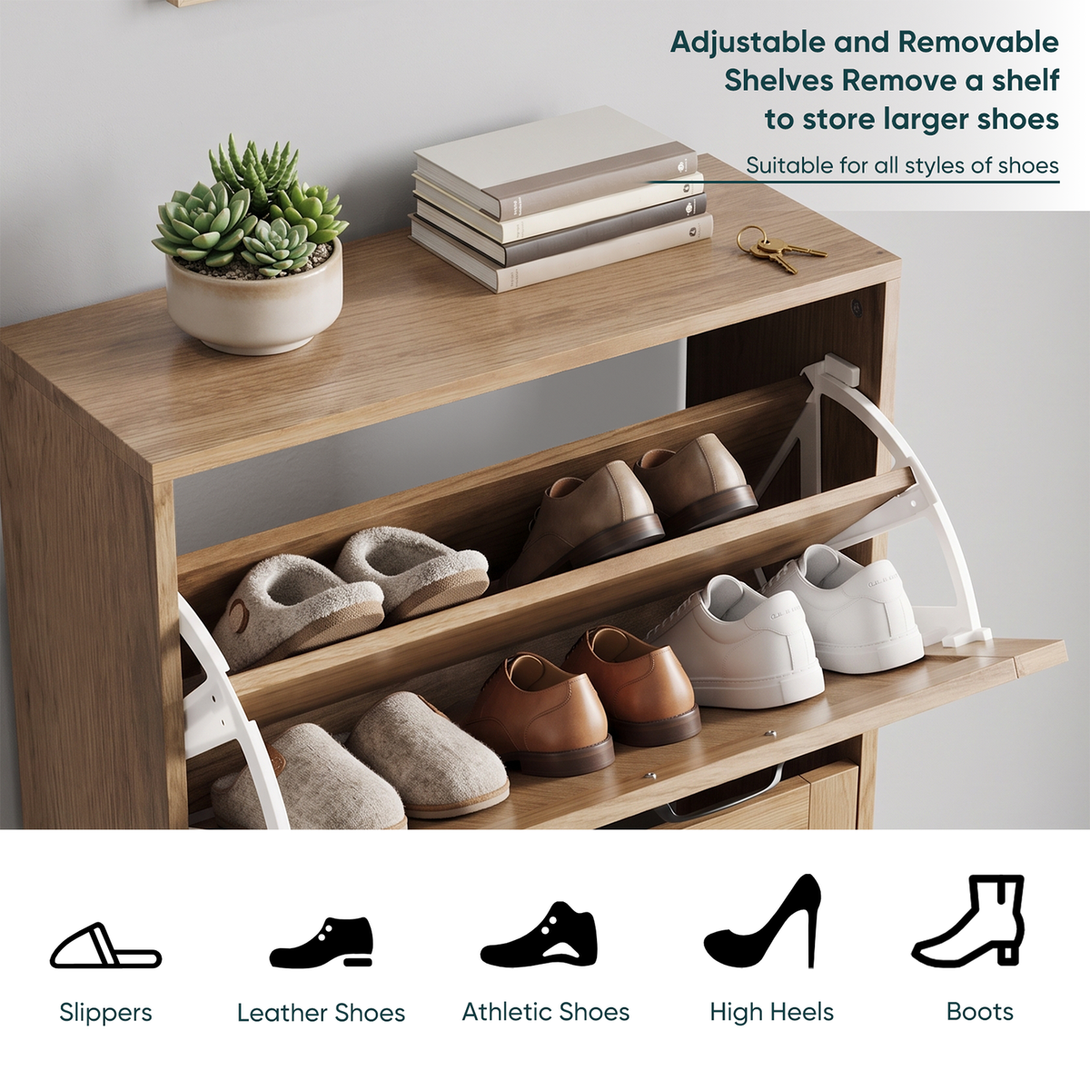 Semiocthome 23.6" Shoe Cabinet with 2 Flip Drawers, Small Fluted Doors, Shoe Storage Cabinet for Entryway,Natural