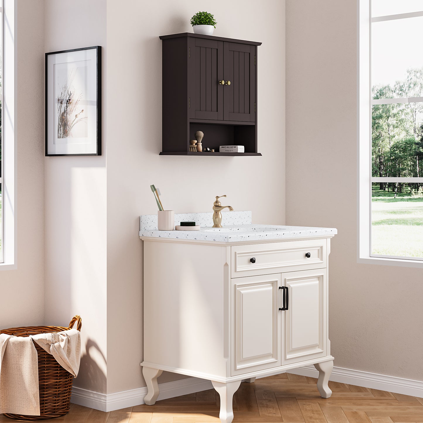 Semiocthome Bathroom Medicine Cabinet Wood 2 Doors Wall Cabinet over the Toilet Storage in Brown