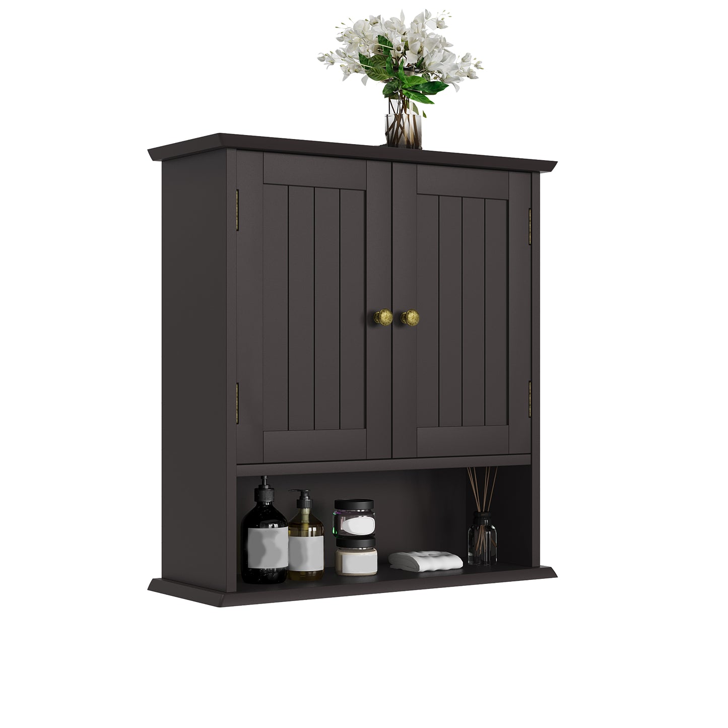 Semiocthome Bathroom Medicine Cabinet Wood 2 Doors Wall Cabinet over the Toilet Storage in Brown