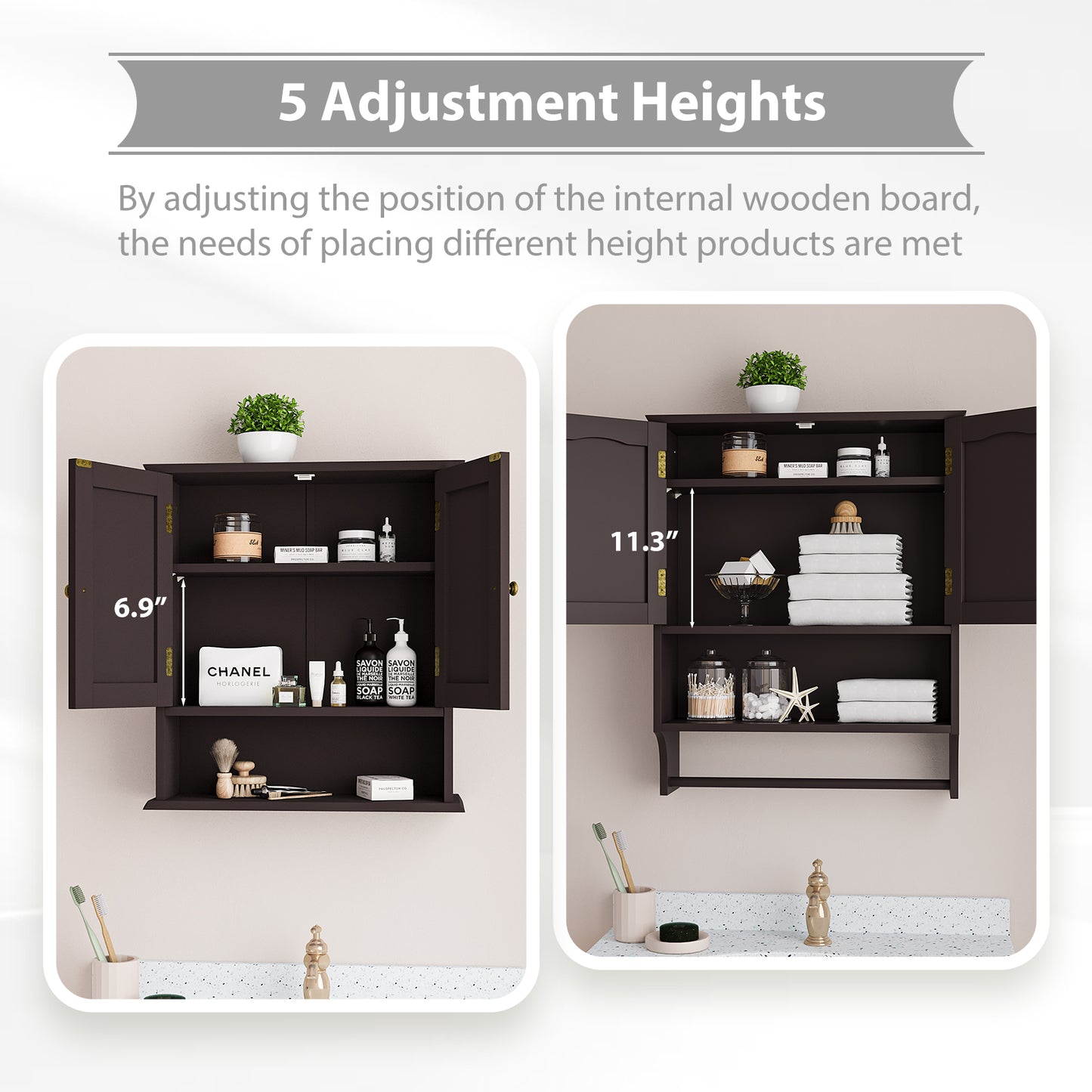Semiocthome Bathroom Medicine Cabinet Wood 2 Doors Wall Cabinet over the Toilet Storage in Brown