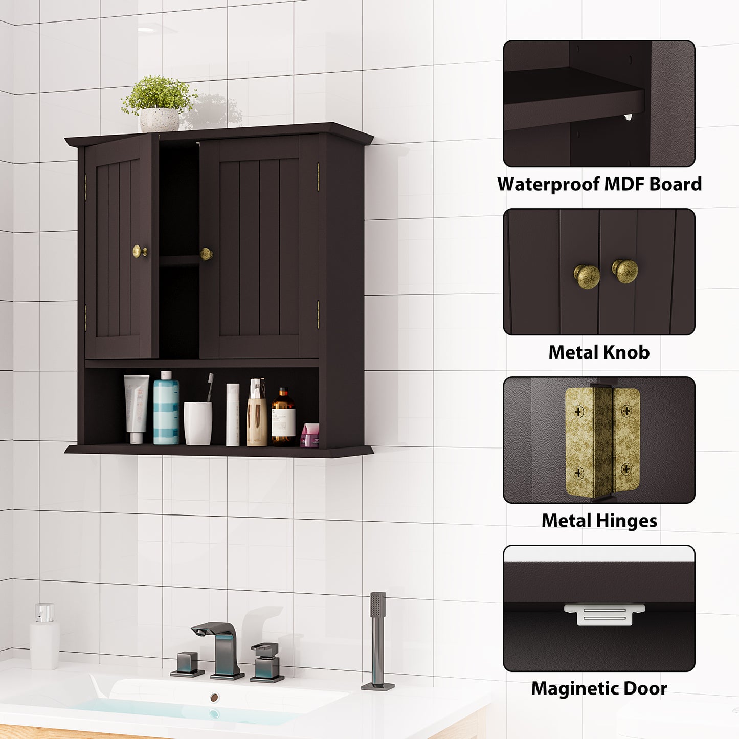 Semiocthome Bathroom Medicine Cabinet Wood 2 Doors Wall Cabinet over the Toilet Storage in Brown