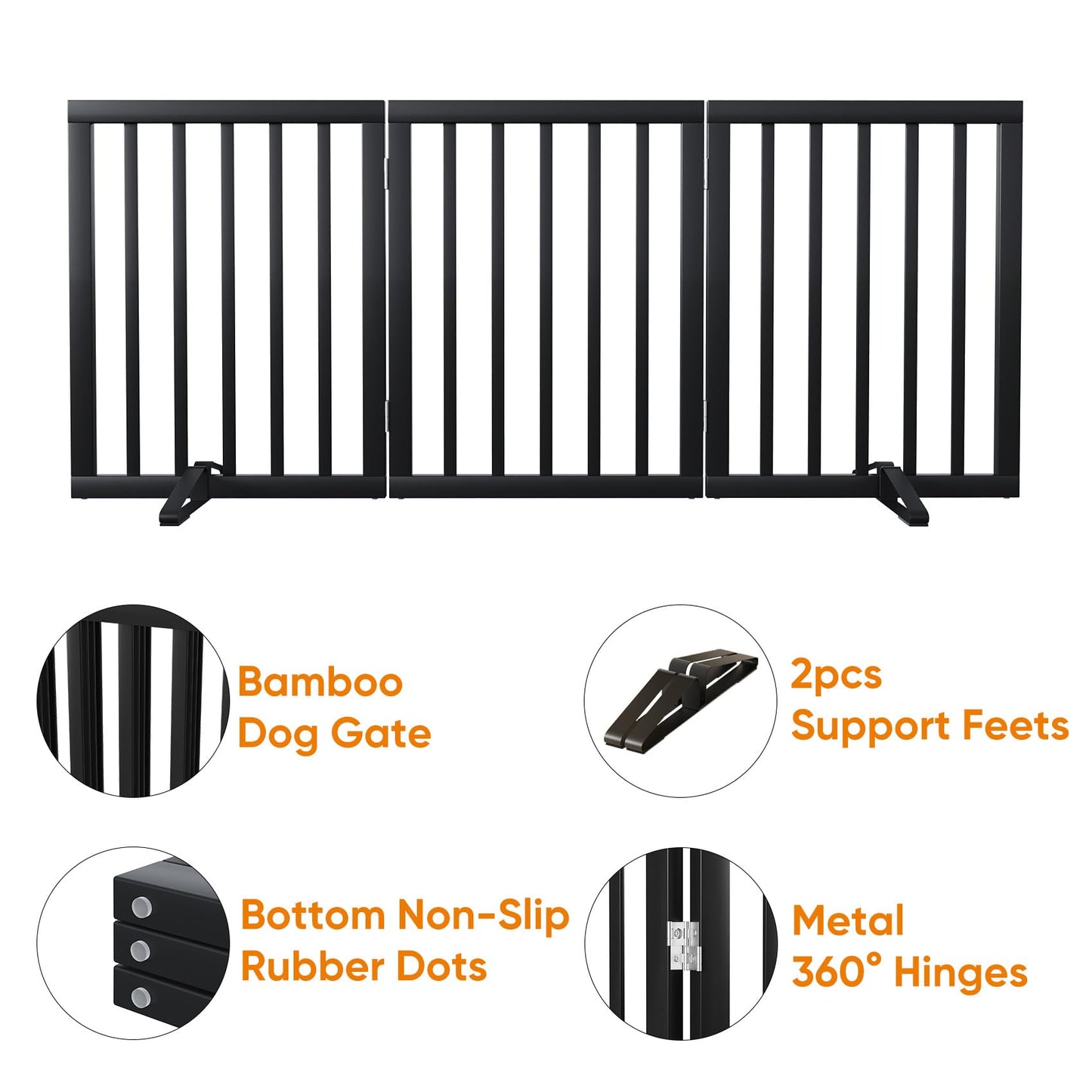 Smart FENDEE Bamboo Dog Gate Freestanding Pet Gate with 2 Support Feet for Doorways,Black,24"H