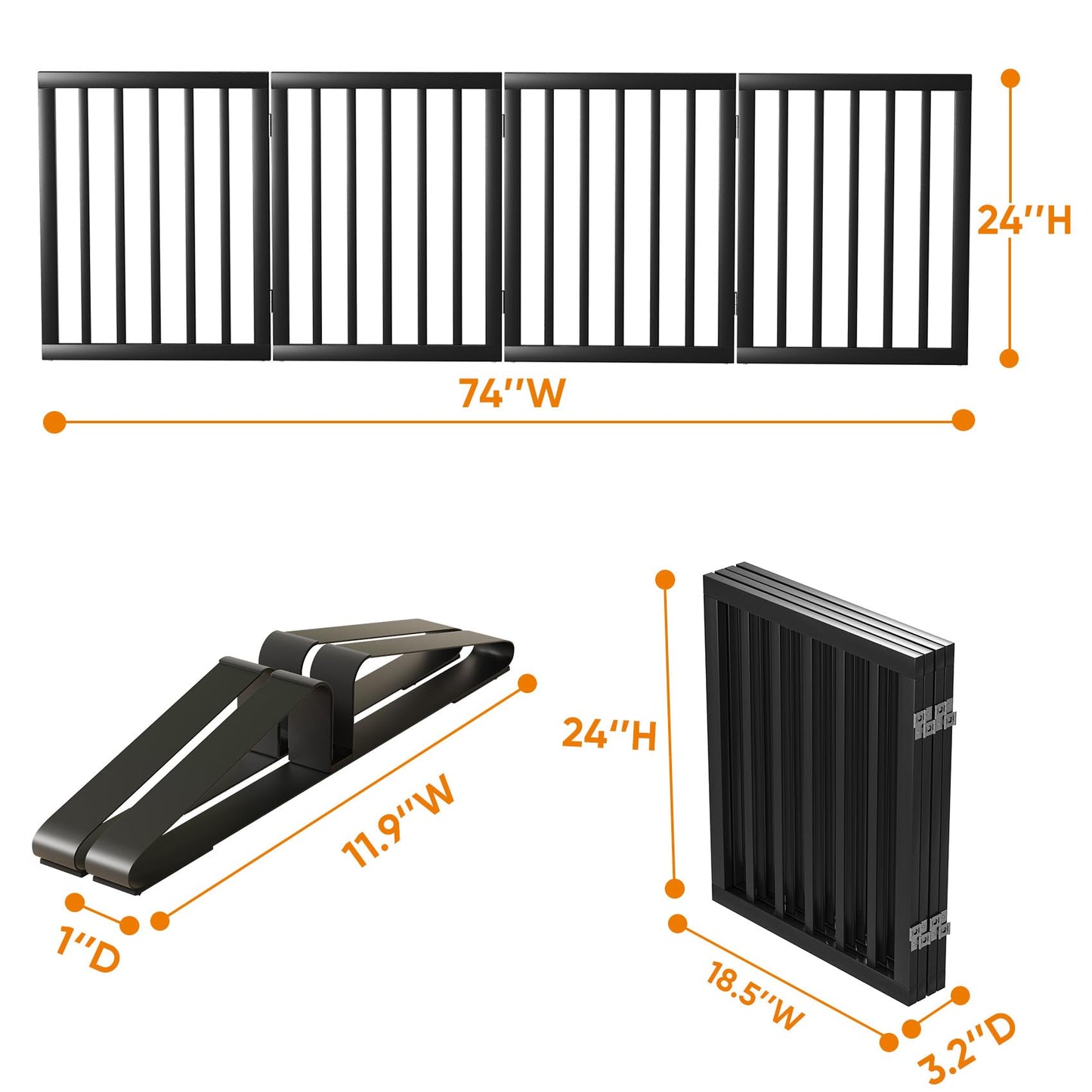 Smart FENDEE Bamboo Dog Gate Freestanding Pet Gate with 2 Support Feet for Doorways,Black,24"H,4 Panel