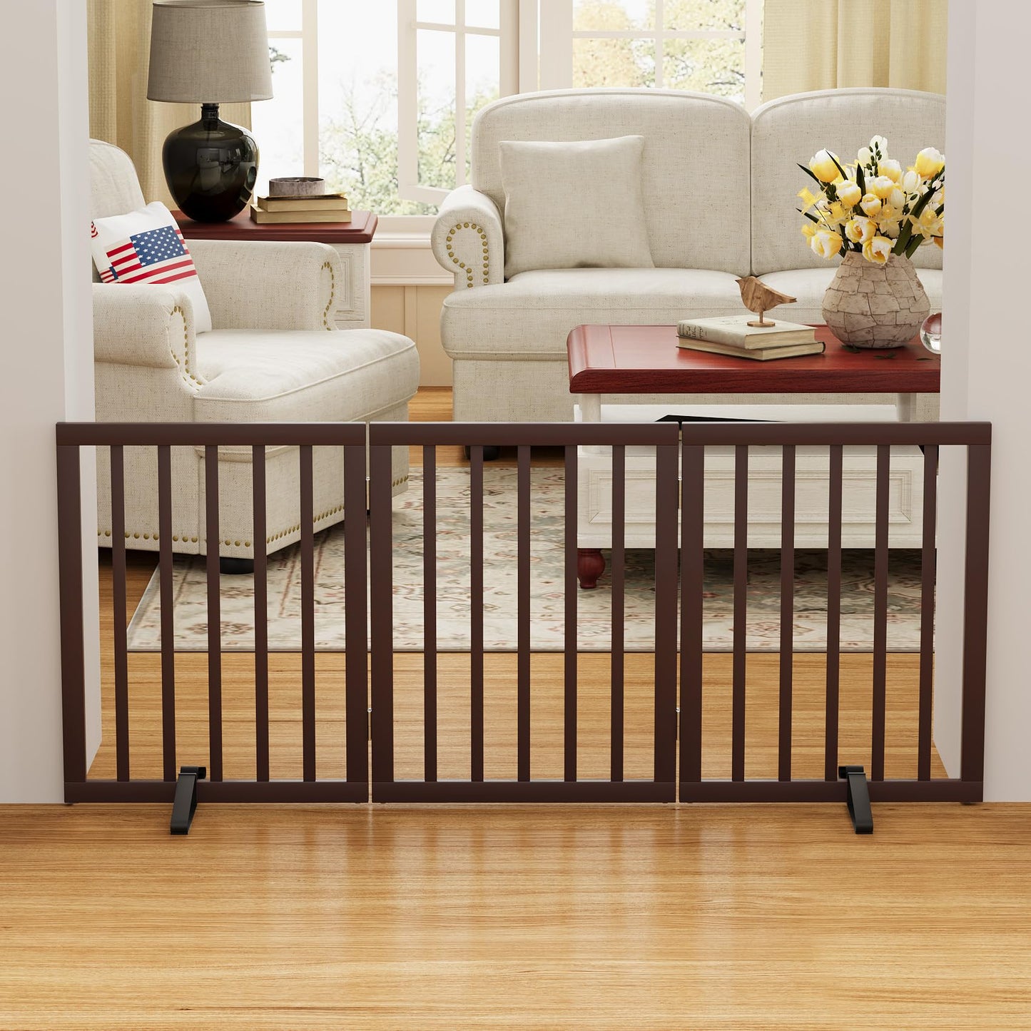 Smart FENDEE Dog Gate Bamboo Foldable Pet Gate for Doorway,24"H,Brown