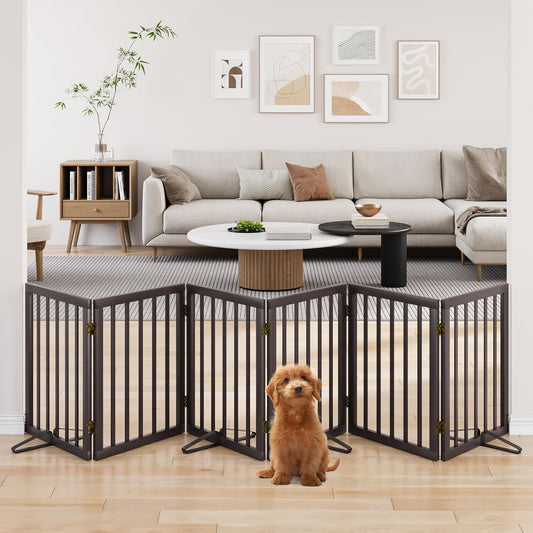 Smart FENDEE 6 Panels Foldable Dog Gate Extra Wide Entryway Freestanding Bamboo Pet Fence, 24"H,Brown