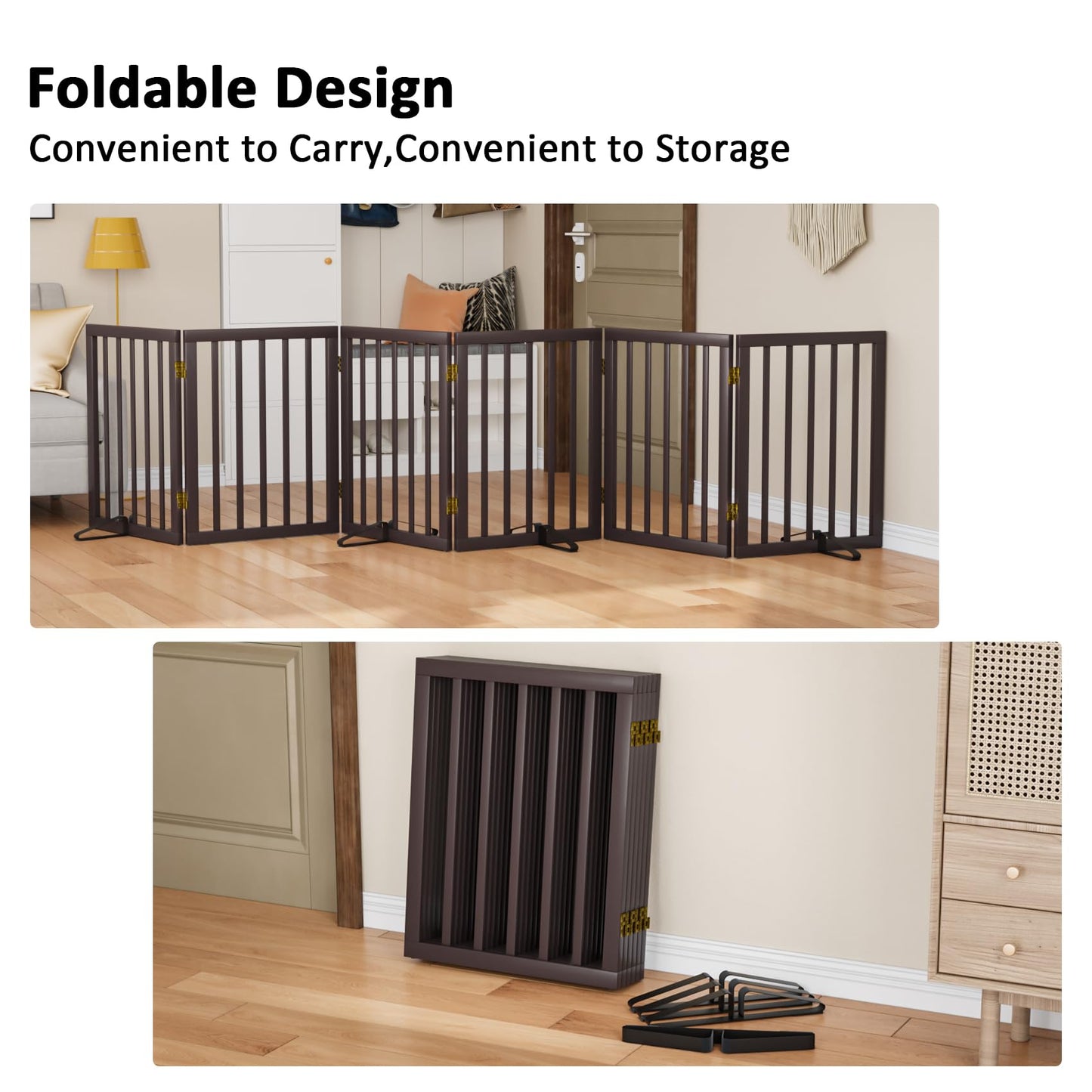 Smart FENDEE 6 Panels Foldable Dog Gate Extra Wide Entryway Freestanding Bamboo Pet Fence, 24"H,Brown