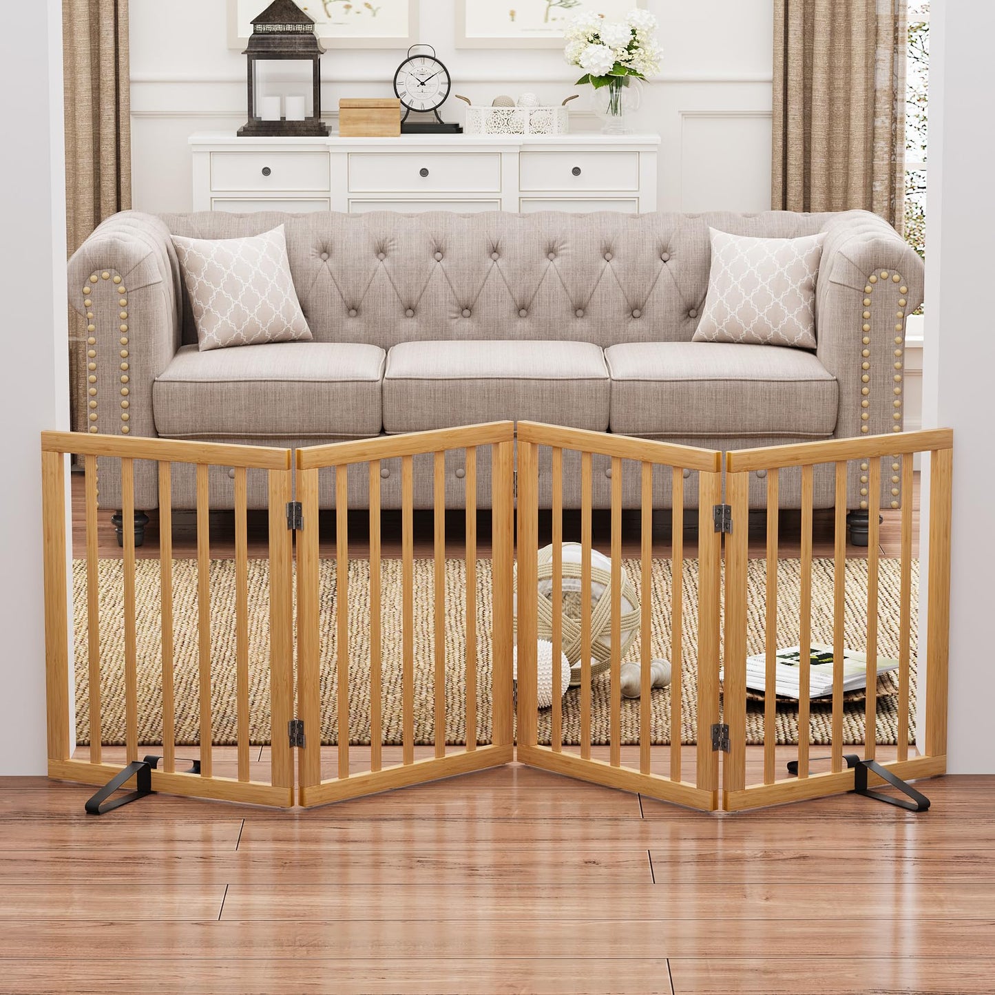 Smart FENDEE Bamboo Dog Gate Freestanding Pet Gate with 2 Support Feet for Doorways,Natural,24"H,4 Panel