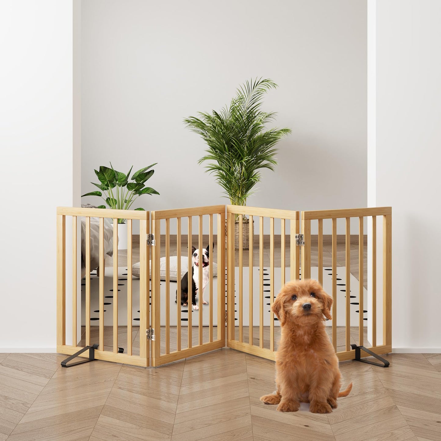 Smart FENDEE Bamboo Dog Gate Freestanding Pet Gate with 2 Support Feet for Doorways,Natural,24"H,4 Panel