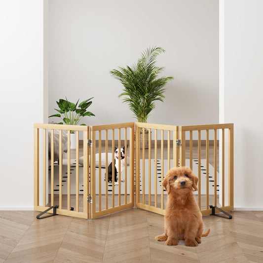 Smart FENDEE Bamboo Dog Gate Freestanding Pet Gate with 2 Support Feet for Doorways,Natural,24"H,4 Panel