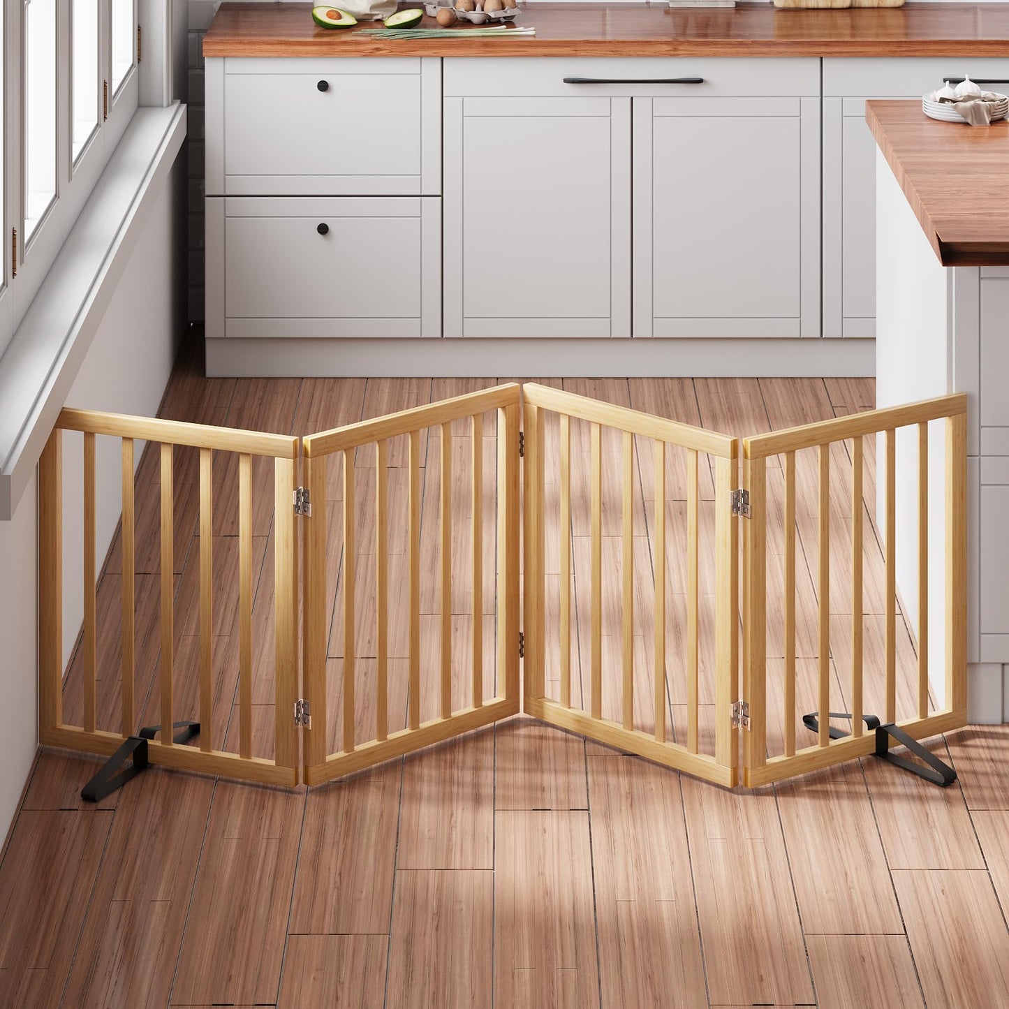 Smart FENDEE Bamboo Dog Gate Freestanding Pet Gate with 2 Support Feet for Doorways,Natural,24"H,4 Panel