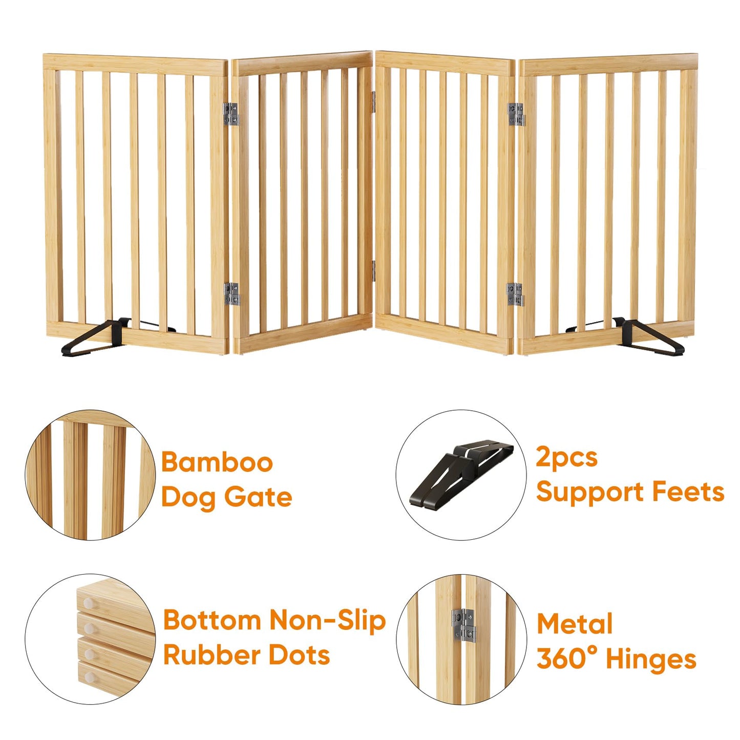 Smart FENDEE Bamboo Dog Gate Freestanding Pet Gate with 2 Support Feet for Doorways,Natural,24"H,4 Panel