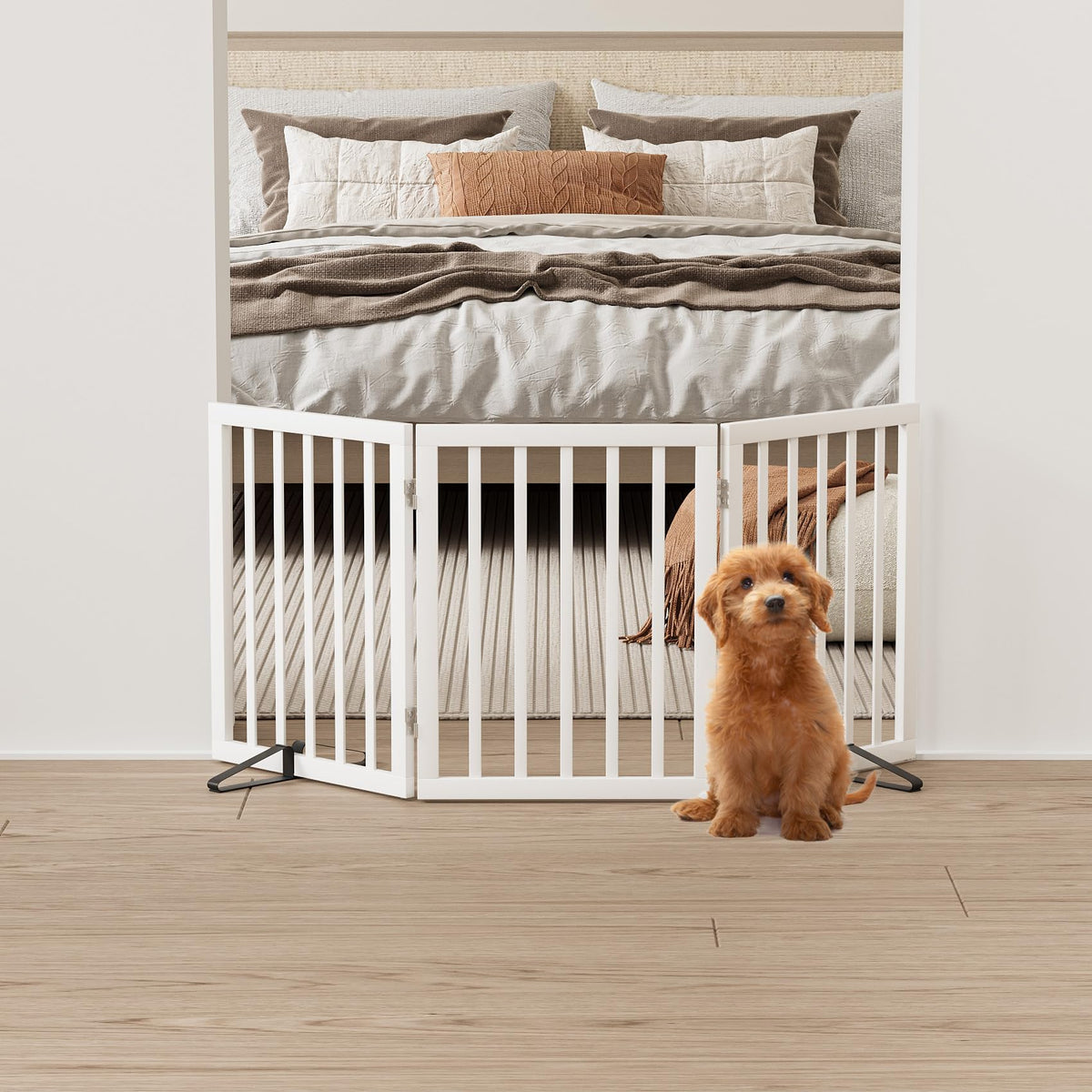 Smart FENDEE Bamboo Dog Gate Foldable Pet Gate for Doorway, 2 Metal Stands, White,Expands Up to 55"W