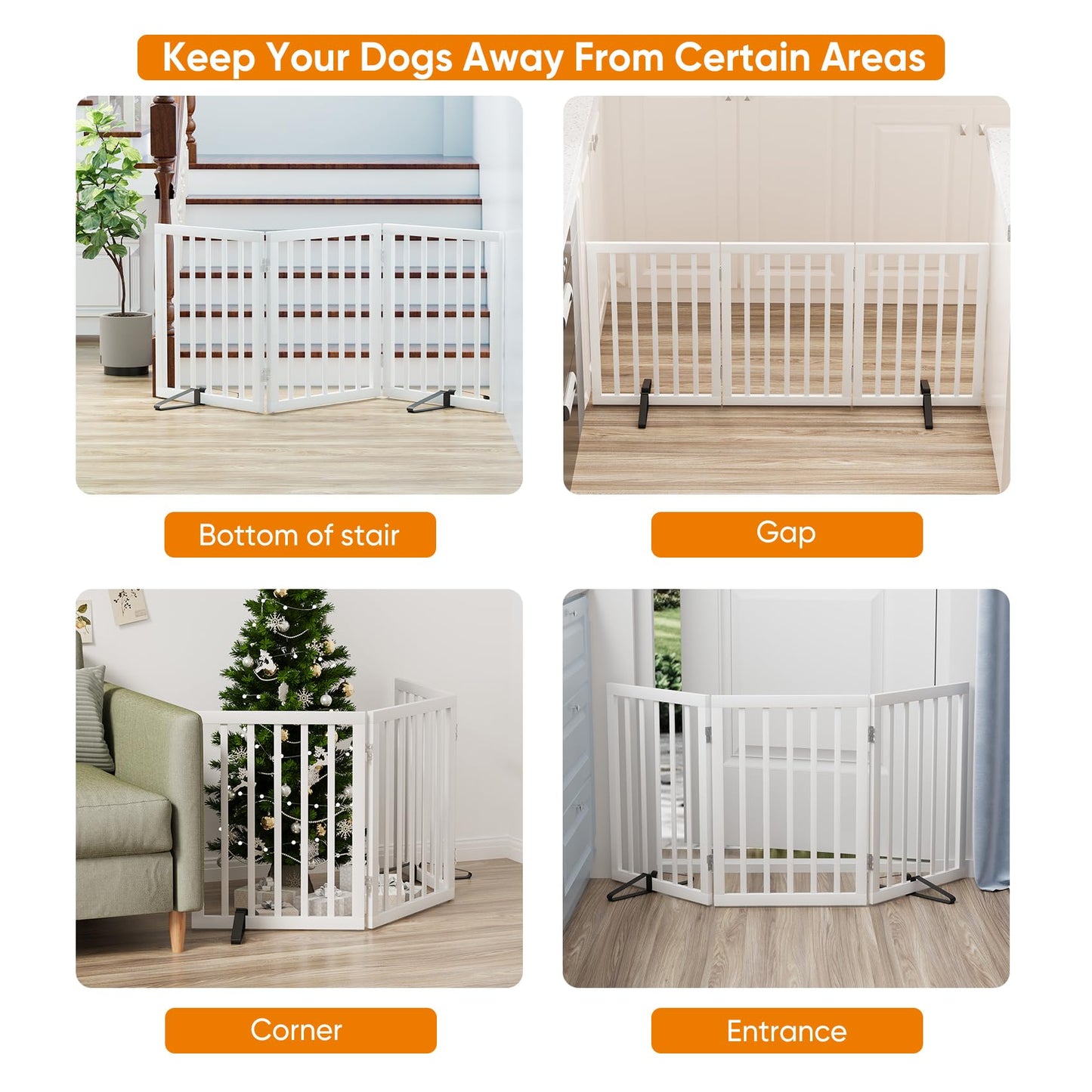 Smart FENDEE Bamboo Dog Gate Foldable Pet Gate for Doorway, 2 Metal Stands, White,Expands Up to 55"W