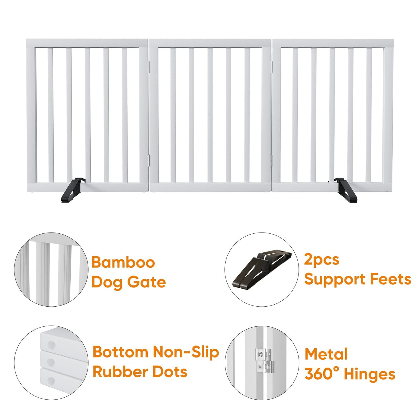 Smart FENDEE Bamboo Dog Gate Foldable Pet Gate for Doorway, 2 Metal Stands, White,Expands Up to 55"W