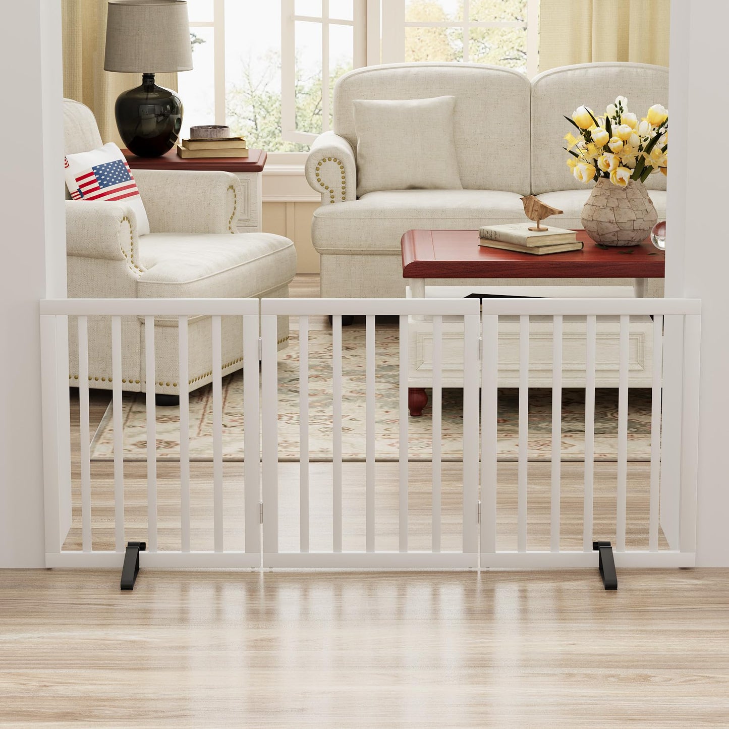 Smart FENDEE Bamboo Dog Gate Foldable Pet Gate for Doorway, 2 Metal Stands, White,Expands Up to 55"W