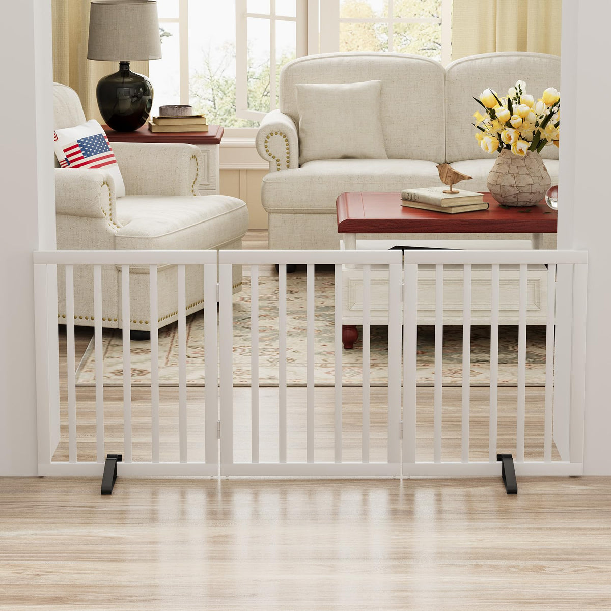 Smart FENDEE Bamboo Dog Gate Foldable Pet Gate for Doorway, 2 Metal Stands, White,Expands Up to 55"W