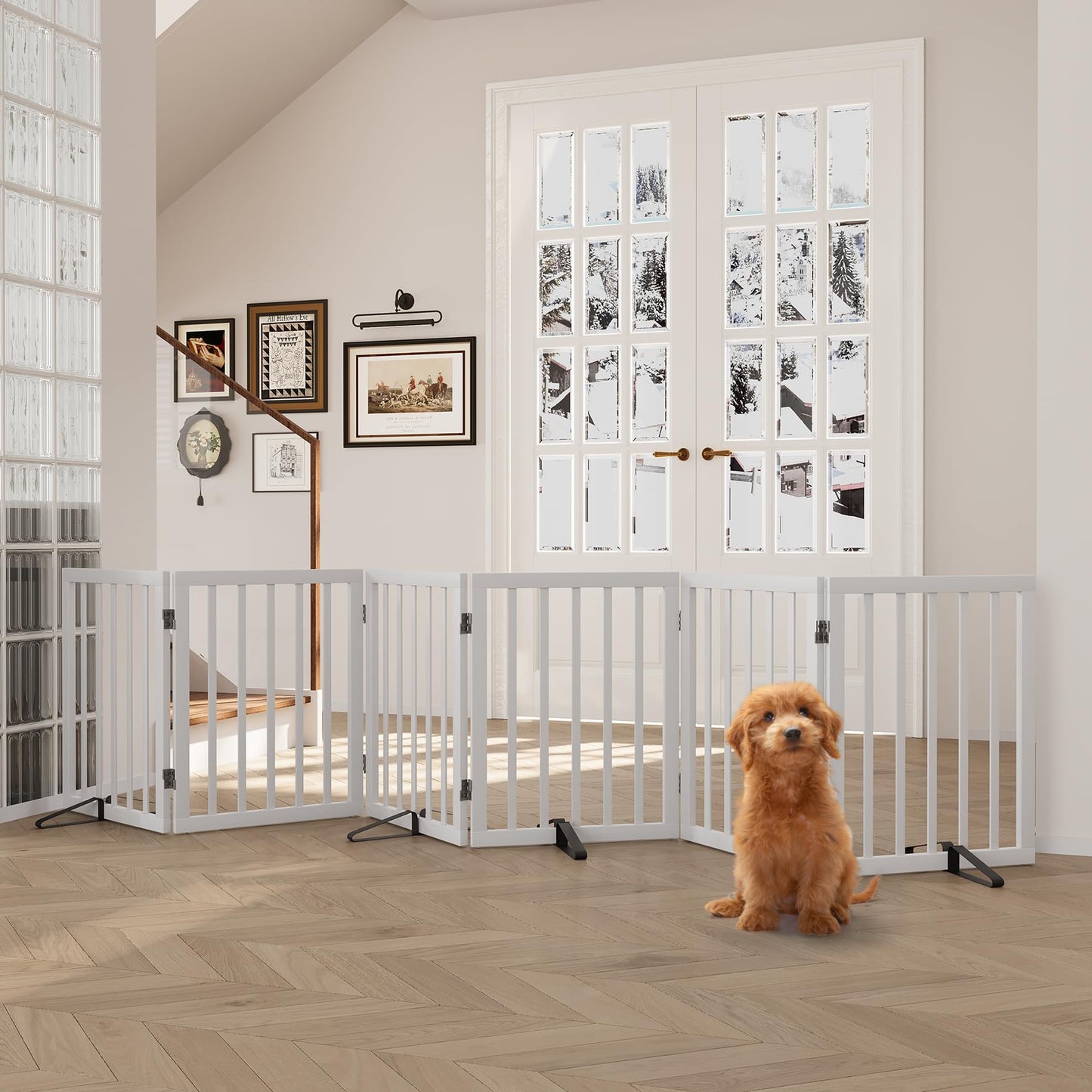 Smart FENDEE 6 Panels Foldable Dog Gate Extra Wide Entryway Freestanding Bamboo Pet Fence, 24"H,White