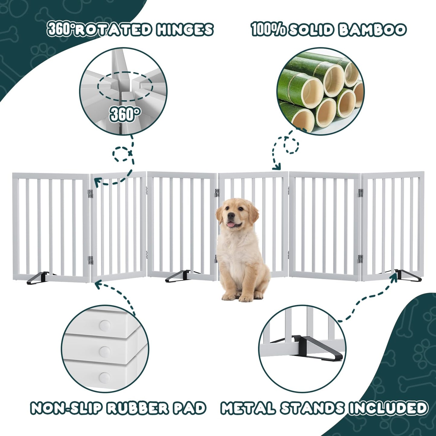Smart FENDEE 6 Panels Foldable Dog Gate Extra Wide Entryway Freestanding Bamboo Pet Fence, 24"H,White