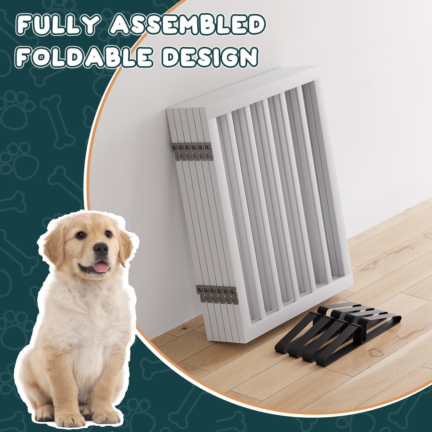 Smart FENDEE 6 Panels Foldable Dog Gate Extra Wide Entryway Freestanding Bamboo Pet Fence, 24"H,White