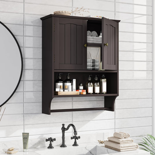 Semiocthome Bathroom Medicine Cabinet Storage Wall Mounted with Towel Bar and 2 Door in Brown