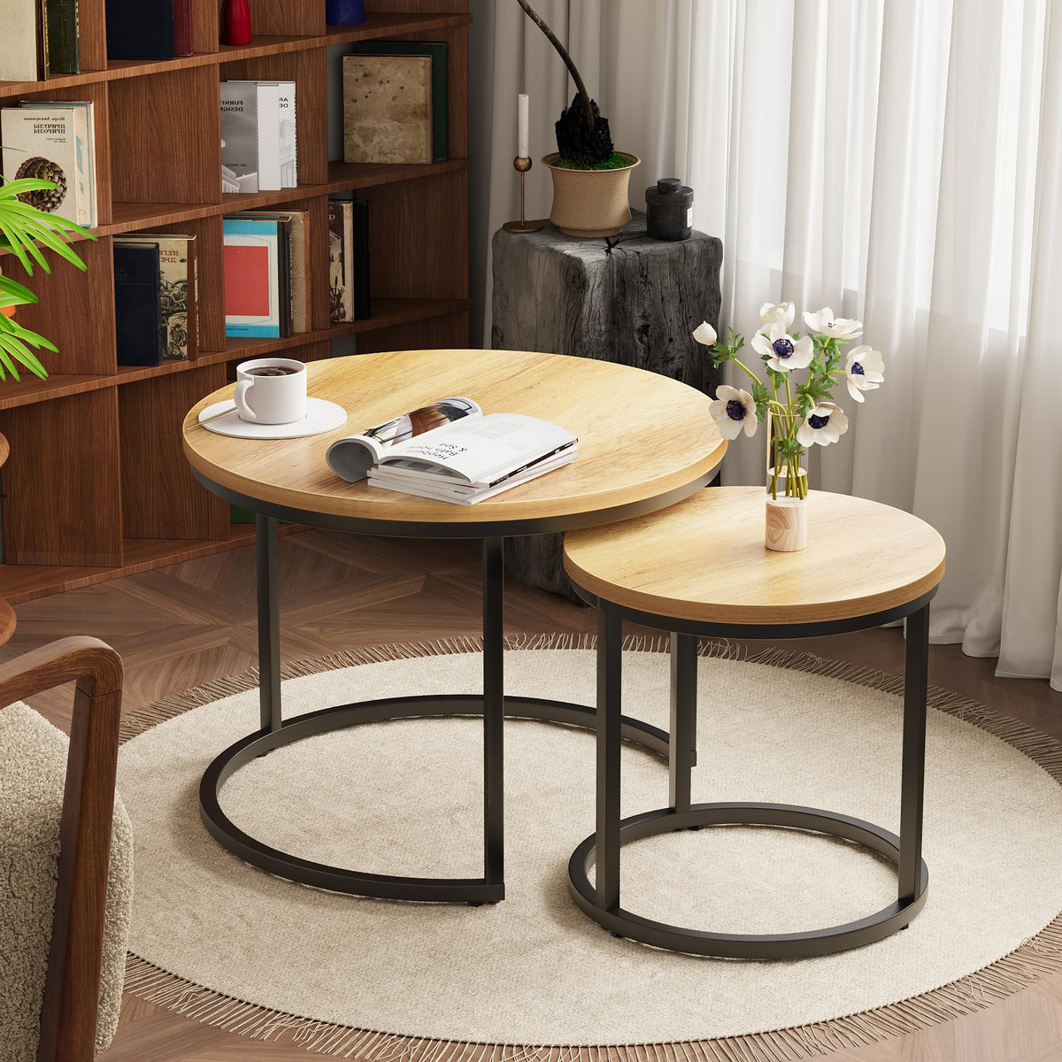 Smart FENDEE 23.6" Nesting Coffee Table Set of 2 Wood Grain Top Side Table for Living Room,Black