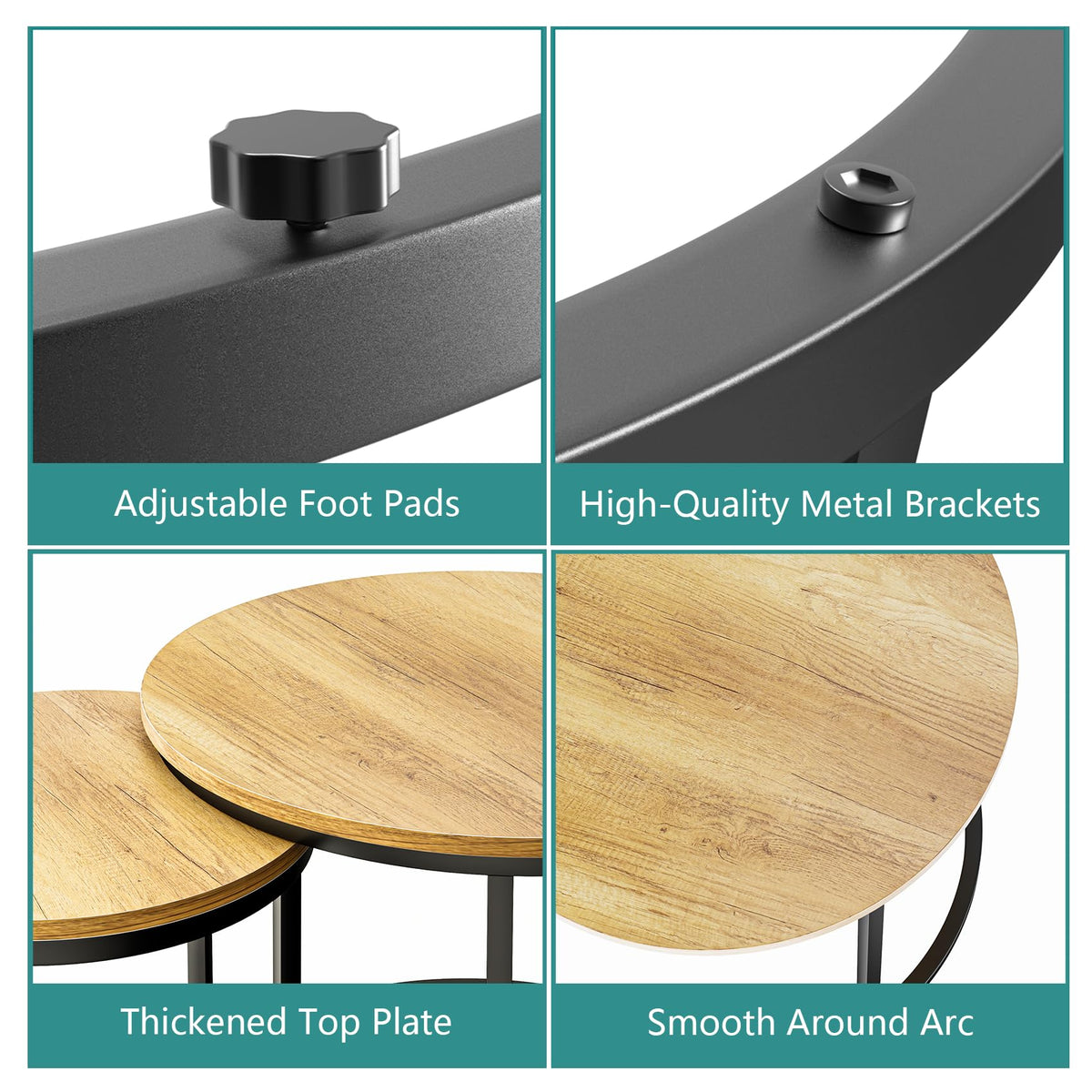 Smart FENDEE 23.6" Nesting Coffee Table Set of 2 Wood Grain Top Side Table for Living Room,Black