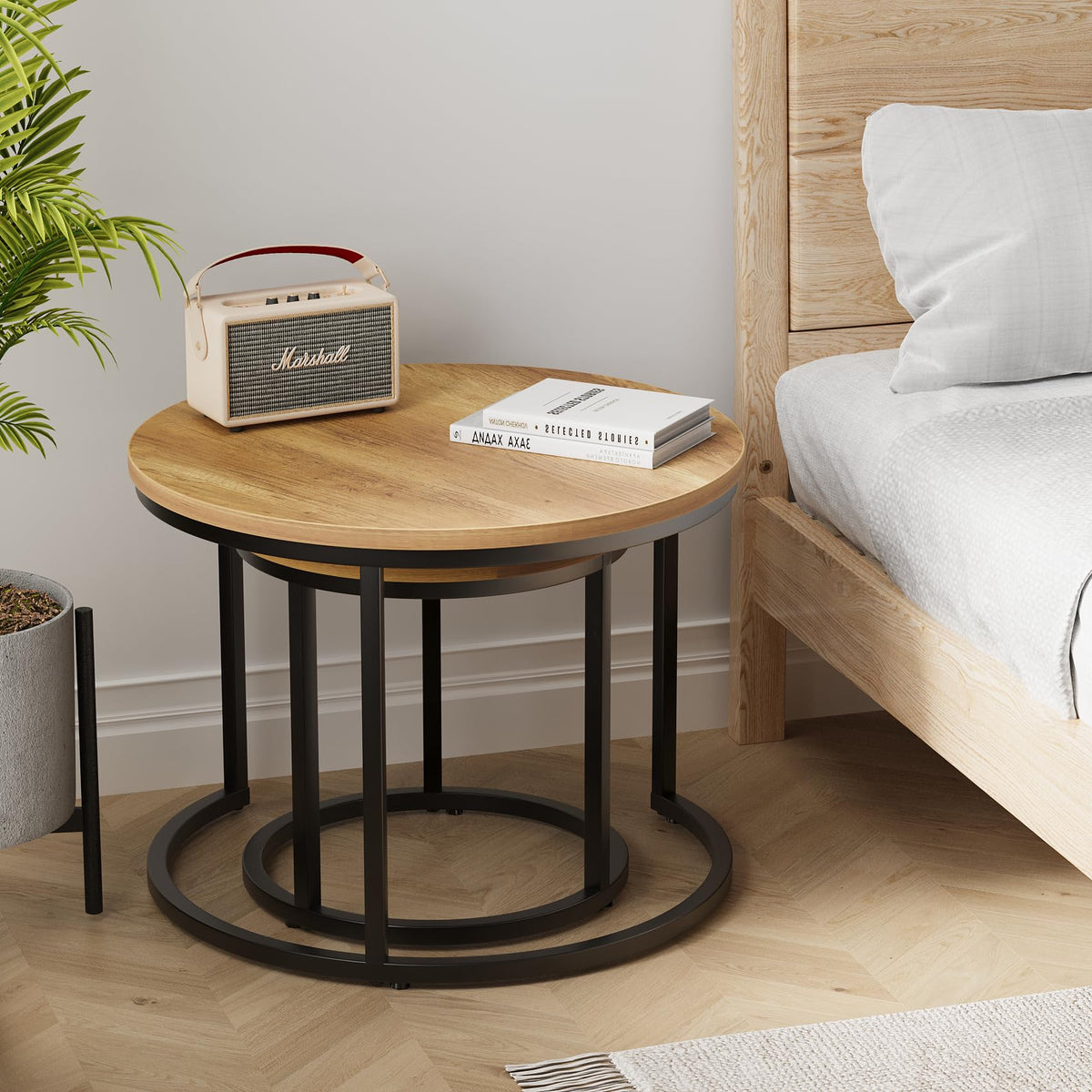 Smart FENDEE 23.6" Nesting Coffee Table Set of 2 Wood Grain Top Side Table for Living Room,Black