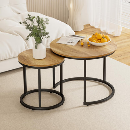 Smart FENDEE 23.6" Nesting Coffee Table Set of 2 Wood Grain Top Side Table for Living Room,Black
