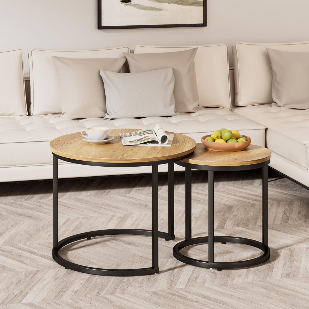 Smart FENDEE 23.6" Nesting Coffee Table Set of 2 Wood Grain Top Side Table for Living Room,Black