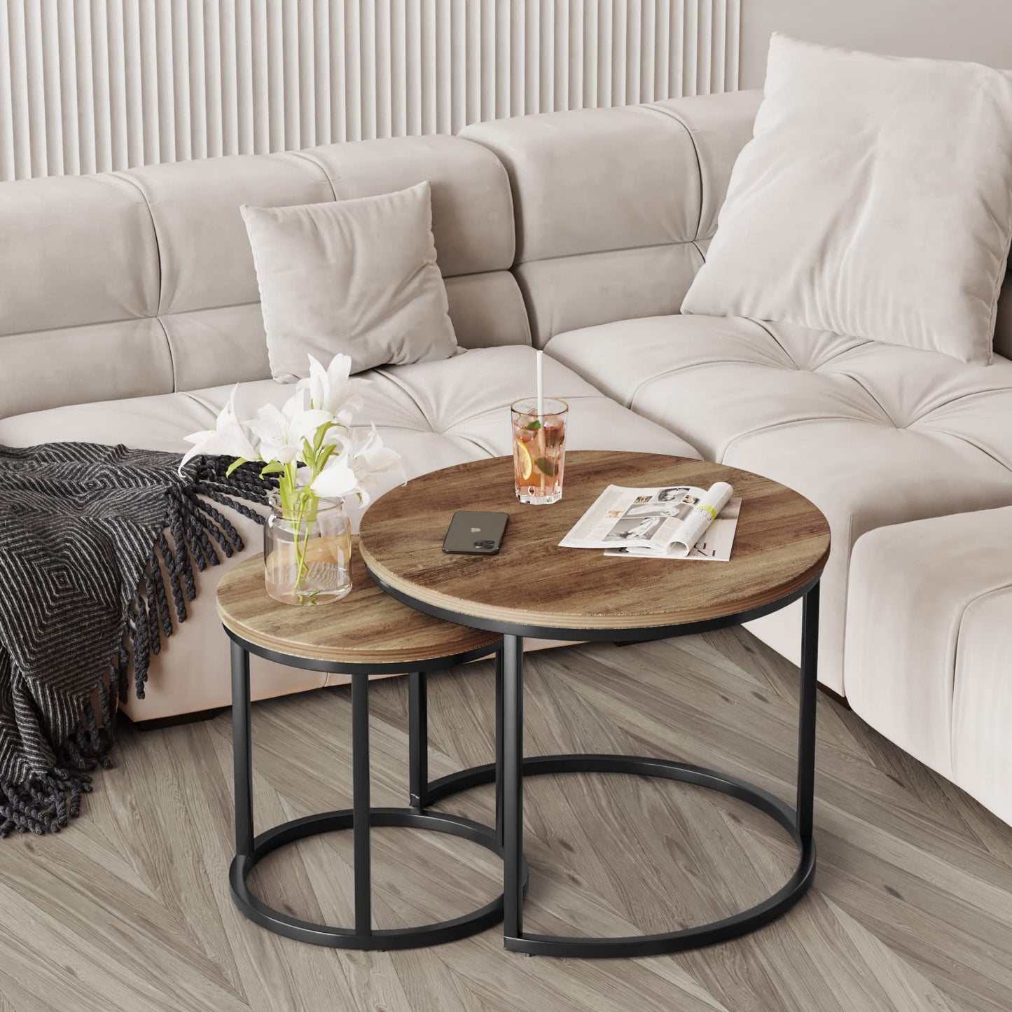 Semiocthome Modern Round Nesting Coffee Table Set,End Table Metal Frame for Living Room