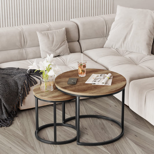 Semiocthome Modern Round Nesting Coffee Table Set,End Table Metal Frame for Living Room,23.6",Brown