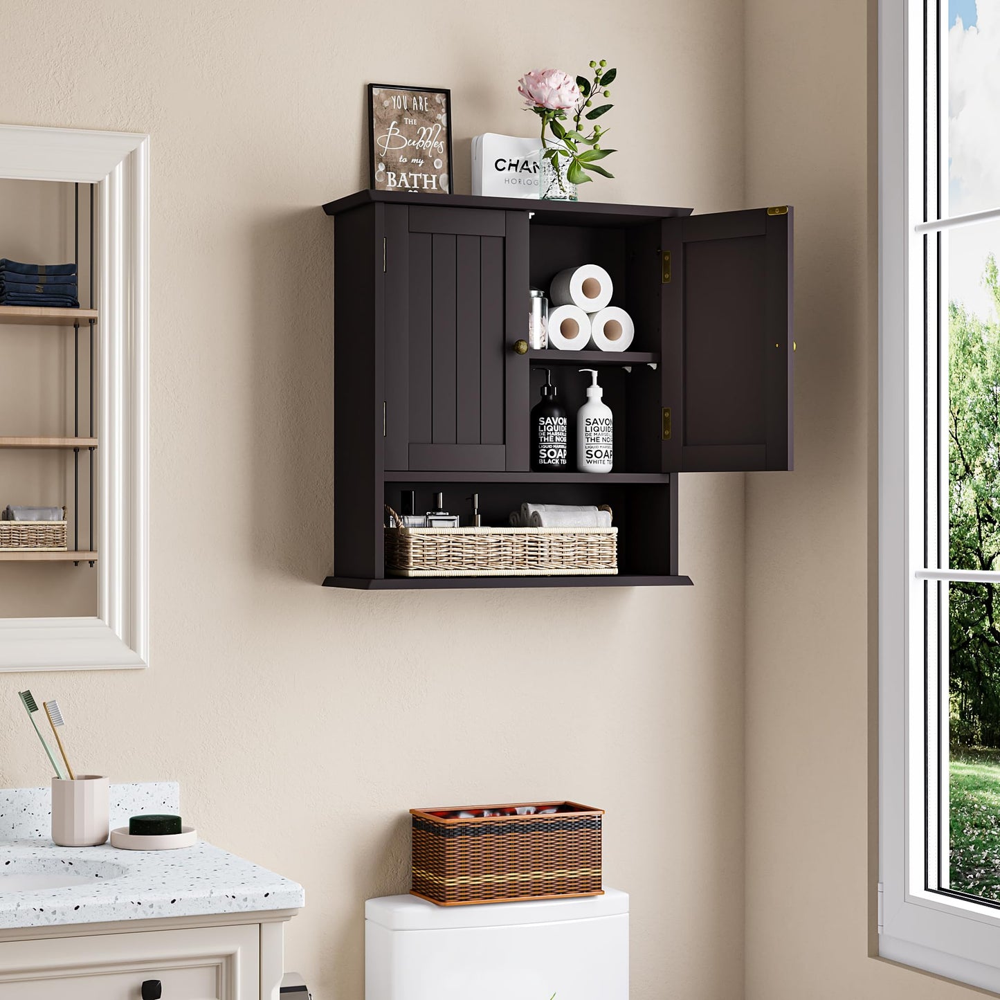 Semiocthome Bathroom Medicine Cabinet Wood 2 Doors Wall Cabinet over the Toilet Storage in Brown