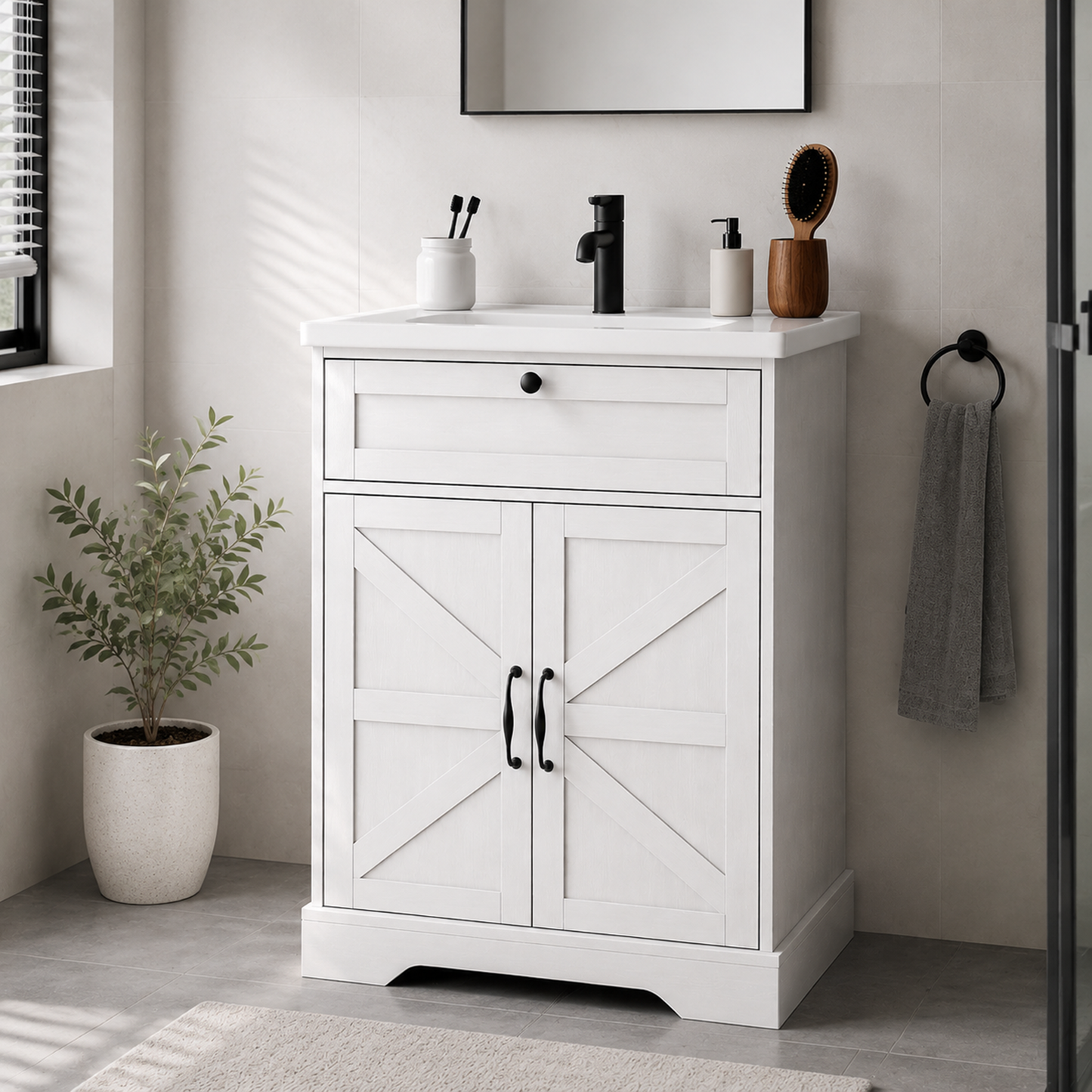 24" Bathroom Vanity with Ceramic Sink, Freestanding Bathroom Storage Cabinet with Barn Door and Flip-Down Drawer, White