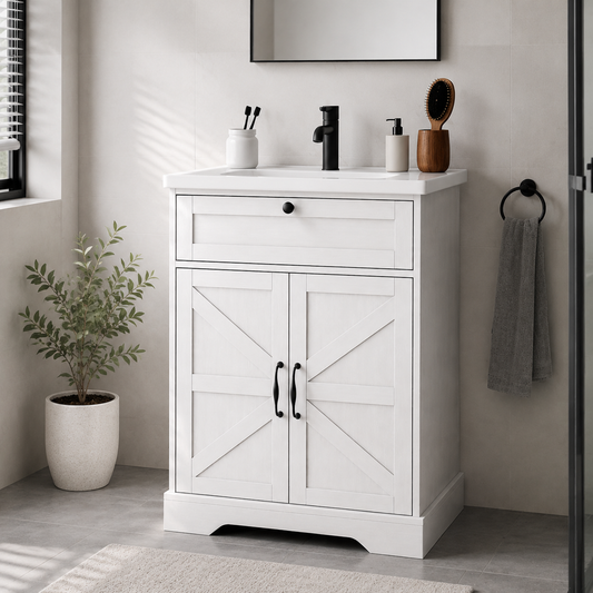 24" Bathroom Vanity with Ceramic Sink, Freestanding Bathroom Storage Cabinet with Barn Door and Flip-Down Drawer, White