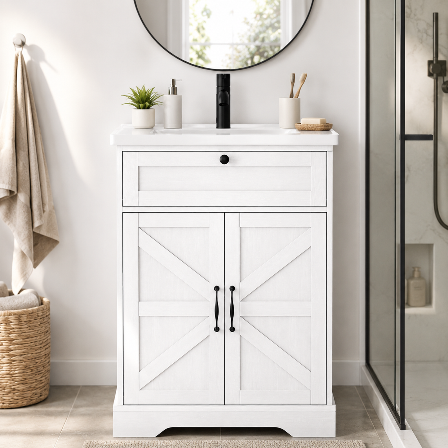 24" Bathroom Vanity with Ceramic Sink, Freestanding Bathroom Storage Cabinet with Barn Door and Flip-Down Drawer, White