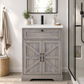24" Bathroom Vanity with Ceramic Sink, Freestanding Bathroom Storage Cabinet with Barn Door and Flip-Down Drawer, Grey