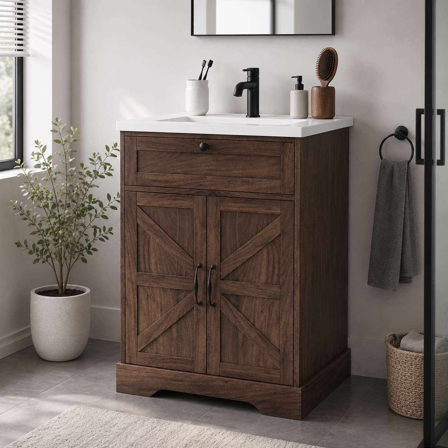 24" Bathroom Vanity with Ceramic Sink, Freestanding Bathroom Storage Cabinet with Barn Door and Flip-Down Drawer, Walnut
