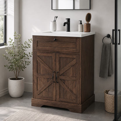 24" Bathroom Vanity with Ceramic Sink, Freestanding Bathroom Storage Cabinet with Barn Door and Flip-Down Drawer, Walnut