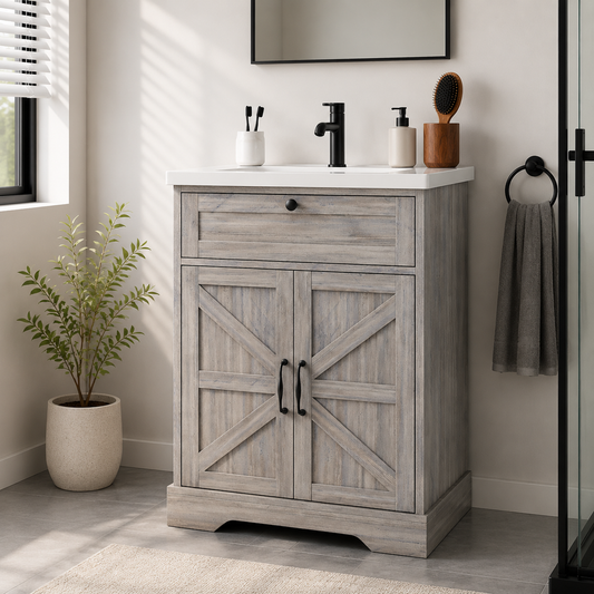 24" Bathroom Vanity with Ceramic Sink, Freestanding Bathroom Storage Cabinet with Barn Door and Flip-Down Drawer, Grey