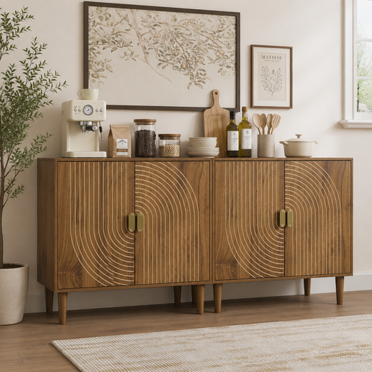 Semiocthome Kitchen Sideboard Buffet Cabinet with Adjustable Shelf, Line Groove Door, Walnut Finish, Set of 2